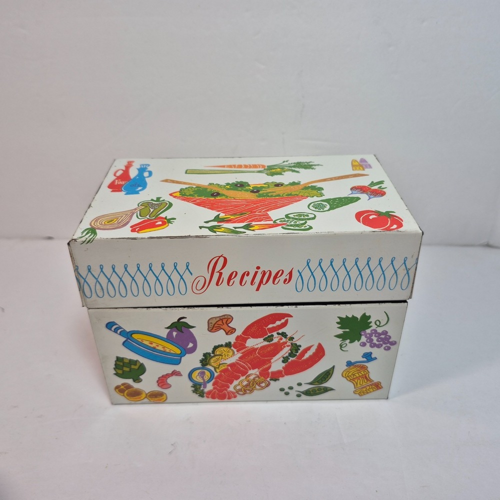 Vintage Tin Retro Kitchen Ohio Art Co Metal MCM Recipe Box Lobster Fruit Veggies